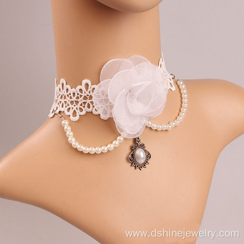 Fashion White Rose Choker With Pearl Tassel Bridal Jewelry